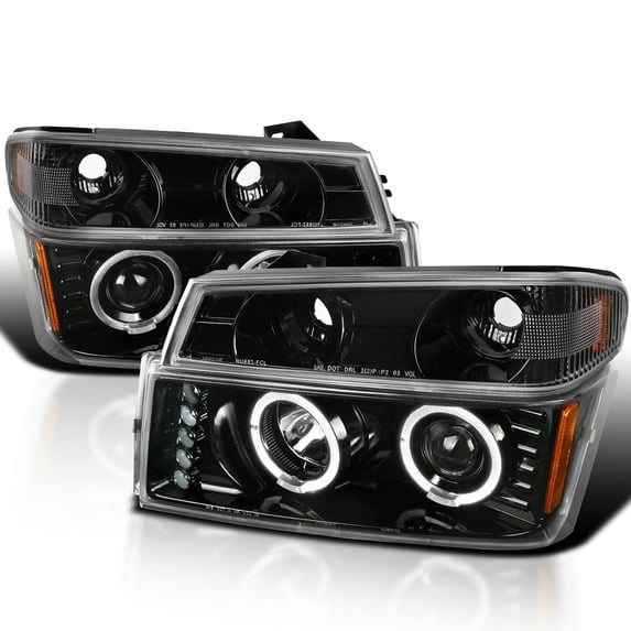 Spec-D Tuning Glossy Black LED Halo Projector Headlights + Bumper Lights Compatible with 2004-2012 Chevy Colorado, 2004-2012 GMC Canyon, Left + Right Pair Headlamps Assembly