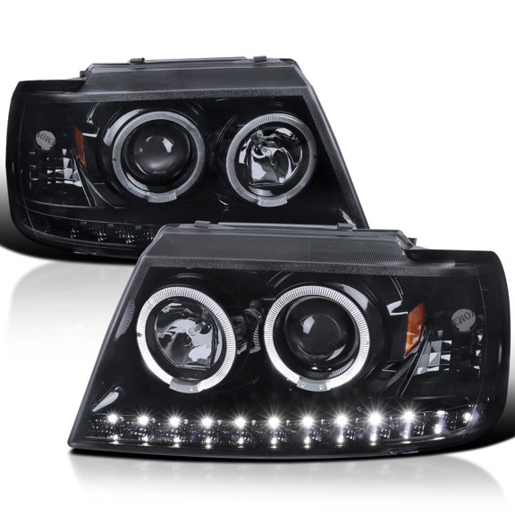 Spec-D Tuning Glossy Black LED Halo Projector Headlights Compatible with 2002-2005 Ford Explorer, Left + Right Pair Headlamps Assembly