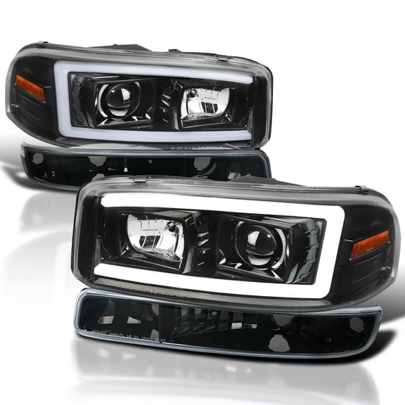 Spec-D Tuning Glossy Black LED Light Bar Projector Headlights + Bumper Lights Compatible with 1999-2006 GMC Sierra 1500/2500/3500, Left + Right Pair Headlamps Assembly