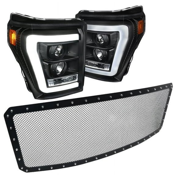 Spec-D Tuning Glossy Black Projector Headlights LED Bar Black Rivet Mesh Grille Compatible with 2011-2016 Ford F250 Super Duty Left + Right Pair Headlamps Assembly
