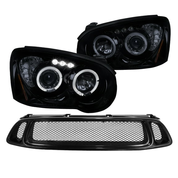 Spec-D Tuning Glossy Black Projector Headlights + Mesh Hood Grille Compatible with 2004-2005 Subaru Impreza Wrx Left + Right Pair Headlamps Assembly