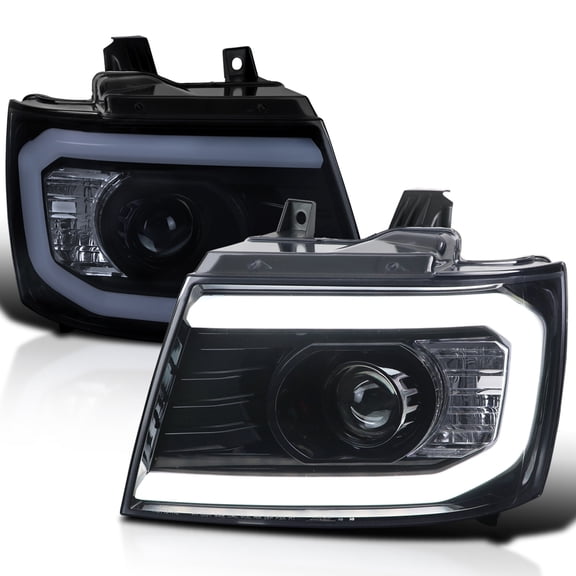 Spec-D Tuning Glossy Black Smoke DRL LED Strip Projector Headlights Compatible with 2007-2013 Chevy Avalanche, Tahoe, Suburban 1500 2500, Left + Right Pair Headlamps Assembly