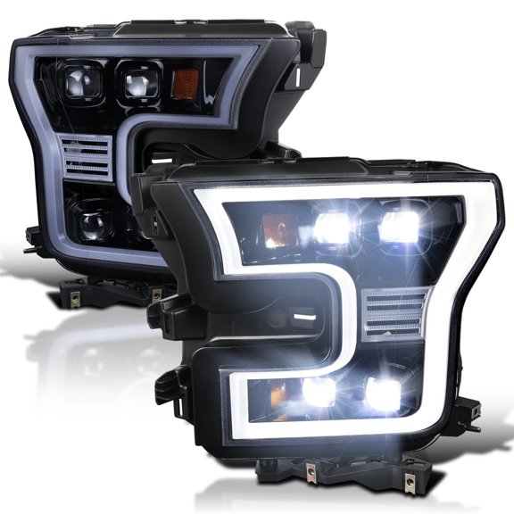 Spec-D Tuning Glossy Black Smoke Full LED Projector Headlights w/ LED DRL Compatible with 2015-2017 Ford F-150, Left + Right Pair Headlamp Assembly