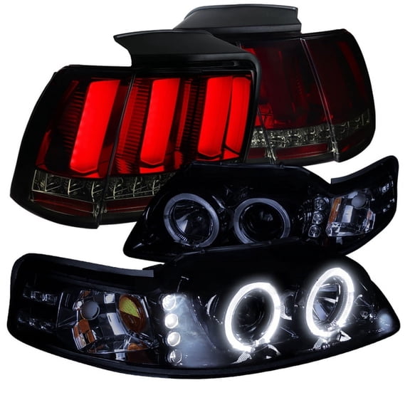 Spec-D Tuning Glossy Black Smoke Halo LED Projector Headlights + Red Smoke Sequential LED Bar Tail Lights Compatible with 1999-2004 Ford Mustang, Left + Right Pair Assemblies