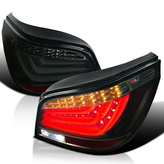 Spec-D Tuning Glossy Black Smoke LED Bar Tail Lights Compatible with 2004-2007 BMW E60 5-Series 4 Door, Left + Right Pair Assembly