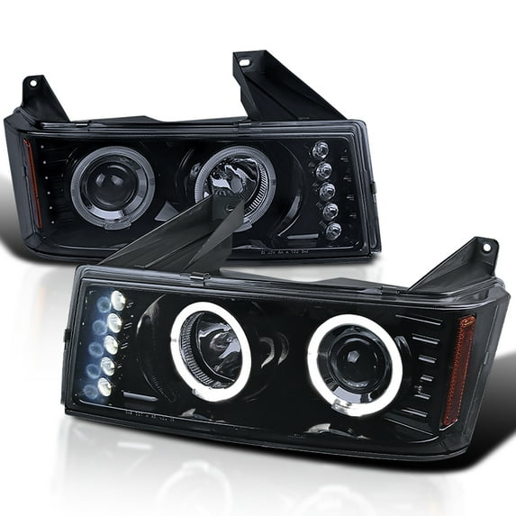 Spec-D Tuning Glossy Black Smoke LED Halo Projector Headlights Compatible with 2004-2012 Chevy Colorado, 2004-2012 GMC Canyon, Left + Right Pair Headlamps Assembly