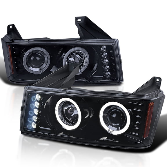 Spec-D Tuning Glossy Black Smoke LED Halo Projector Headlights Compatible with 2004-2012 Chevy Colorado, 2004-2012 GMC Canyon, Left + Right Pair Headlamps Assembly