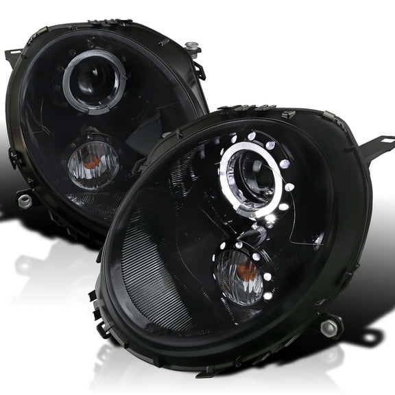 Spec-D Tuning Glossy Black Smoke LED Halo Rim Projector Headlights Compatible with 2007-2013 R56 MINI Cooper Models, Left + Right Pair Headlamps Assembly