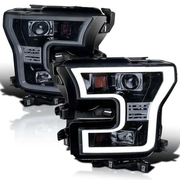 Spec-D Tuning Glossy Black Smoke Projector Headlights W/ LED Bar Compatible with 2015-2017 Ford F150, Left + Right Pair Headlamps Assembly