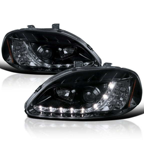 Spec-D Tuning Black Smoke Projector Headlights w/ LED Strip Compatible with 1996-1998 Honda Civic, Left + Right Pair Headlamps Assembly