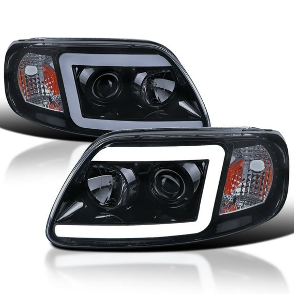 Spec-D Tuning Glossy Black Smoke Projector Headlights w/ LED Light Bar Compatible with 1997-2003 Ford F-150, 2004 Ford F-150 Heritage, Left + Right Pair Headlamps Assembly