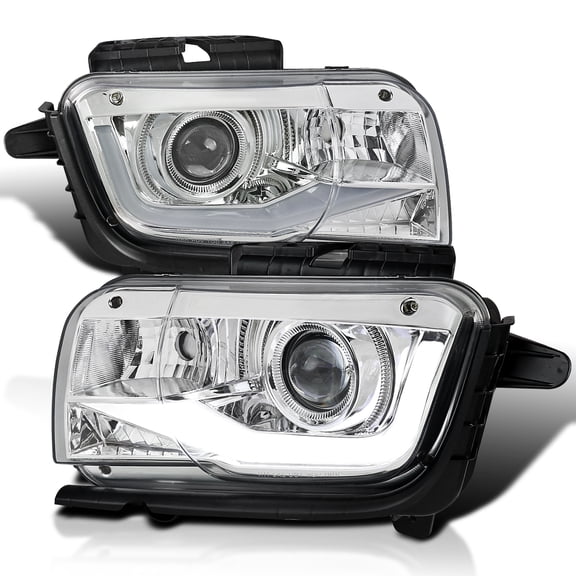 Spec-D Tuning Glossy Black Smoke Projector Headlights w/ LED Tube Light Bar Compatible with 2010-2013 Chevy Camaro, Left + Right Pair Headlamps Assembly