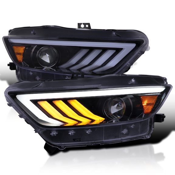 Spec-D Tuning Glossy Black Smoke Projector Headlights w/ Sequential LED Turn Signal Compatible with 2015-2017 Ford Mustang Coupes w/ HID/Xenon, Left + Right Headlamp Assembly