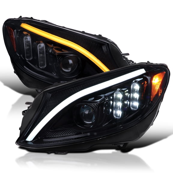 Spec-D Tuning Glossy Black Smoke Projector Headlights w/ Switchback LED Strips and Sequential Turn Signal Compatible with 2015-2018 Mercedes-Benz C-Class W205