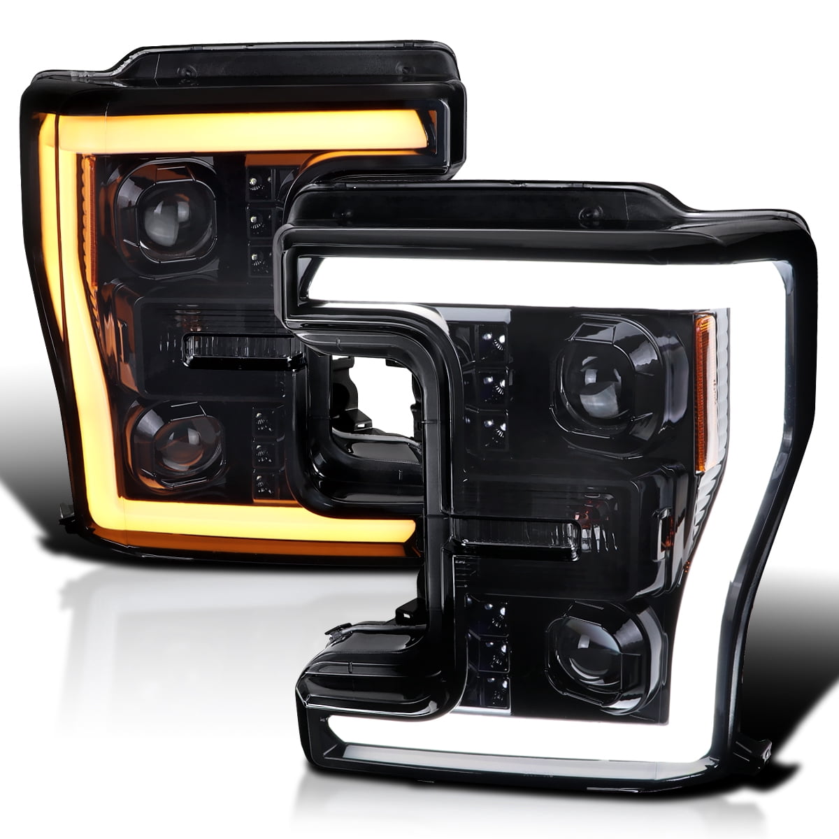 Black Smoke Projector Headlights For 2009-2014 Ford F150 – Pair With LED Lamps