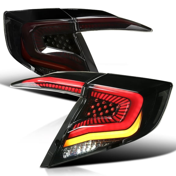 Spec-D Tuning Glossy Black Smoke Tail Lights w/ Red LED Strips, Sequential LED Turn Signal, and Startup Animation Compatible with 2016-2021 Honda Civic 4-Door Sedan, Left + Right Pair Assembly