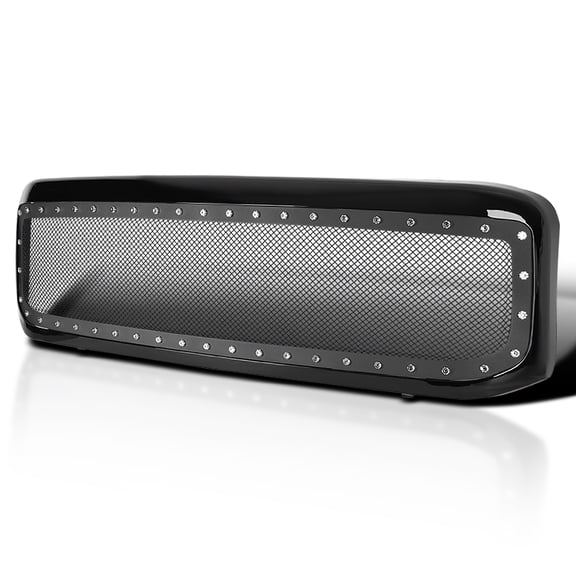 Spec-D Tuning Glossy Black Stainless Steel Rivet Mesh Front Hood Grille Compatible with 1999-2004 Ford F250 F350 F450 Super Duty 2000-2004 Excursion