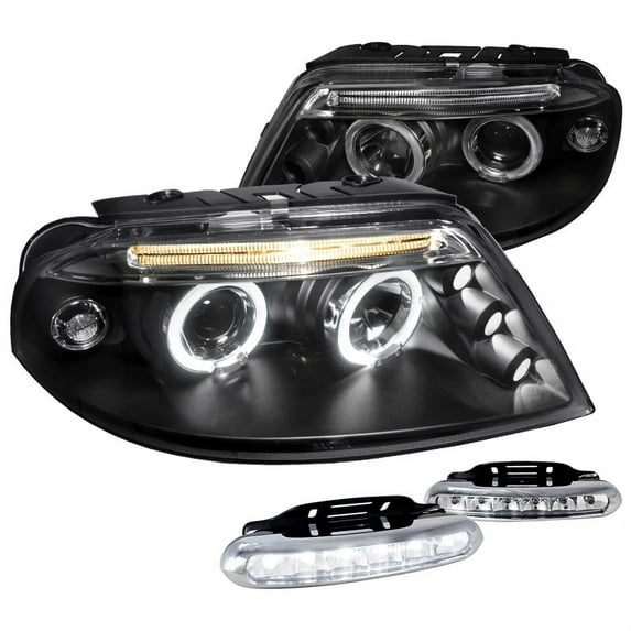 Spec-D Tuning Halo Black Projector Headlights + Driving LED Fog Lamps Pair Compatible with Volkswagen Passat Left + Right Pair Headlamps Assembly