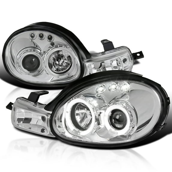 Spec-D Tuning Halo Chrome Housing Clear Lens Projector Headlights Compatible with 2000-2002 Dodge Neon, 2000-2002 Plymouth Neon Left + Right Pair Headlamps Assembly