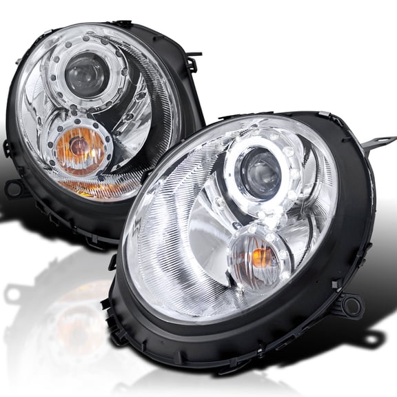 Spec-D Tuning Halo Chrome Housing Clear Lens Projector Headlights Compatible with 2007-2013 R56 MINI Cooper Models, Left + Right Pair Headlamps Assembly