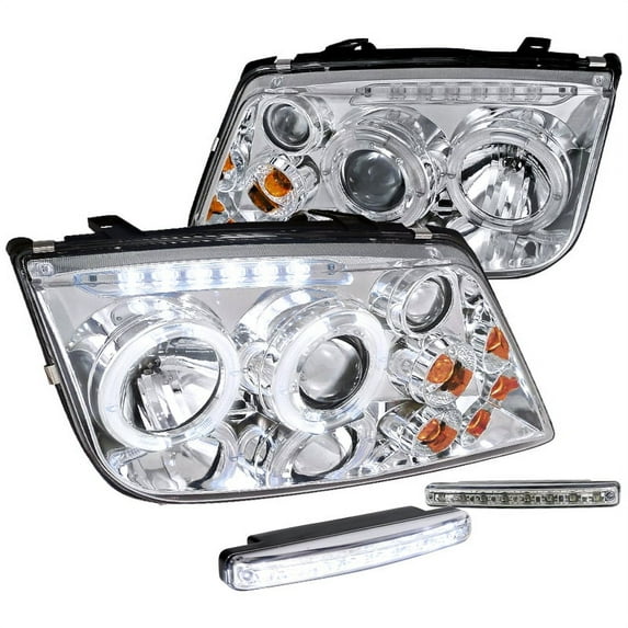 Spec-D Tuning Halo Chrome Projector Headlights + 8-LED Bumper Fog Lights Compatible with 1999-2005 Volkswagen Jetta Left + Right Pair Headlamps Assembly