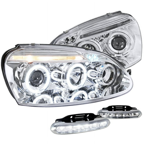 Spec-D Tuning Halo Chrome Projector Headlights W/White LED Fog Lamps Compatible with Volkswagen Jetta Left + Right Pair Headlamps Assembly