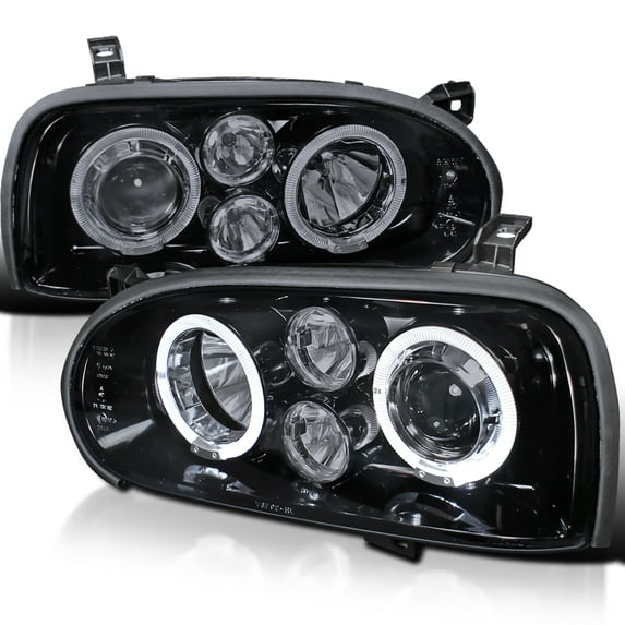 Spec-D Tuning Halo Glossy Black Housing Smoke Lens Projector Headlights Lamps Compatible with 1993-1998 Volkswagen Golf, 1995-1998 Volkswagen Cabrio, Left + Right Pair Headlamps Assembly