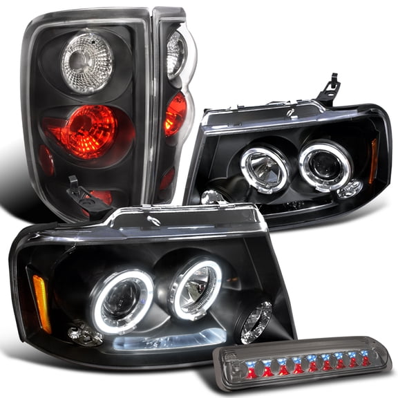 Spec-D Tuning Halo Glossy Black Projector Headlights + LED Bumper Fog Compatible with Ford F150 Left + Right Pair Headlamps Assembly