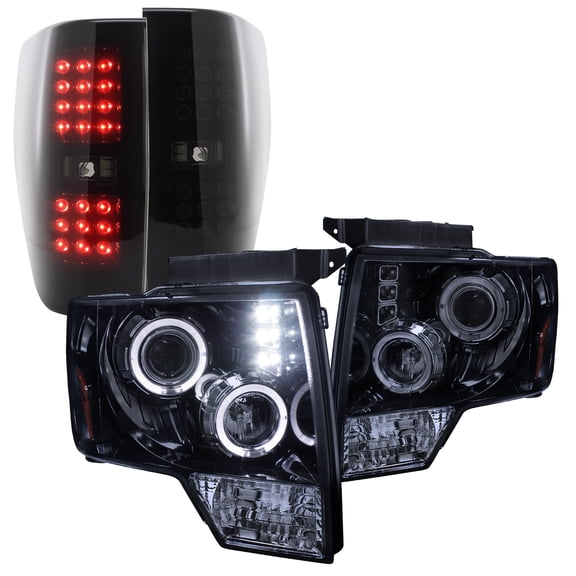 Spec-D Tuning Halo Glossy Black Projector Headlights w/ LED Bumper Fog Compatible with Ford F150 Left + Right Pair Headlamps Assembly