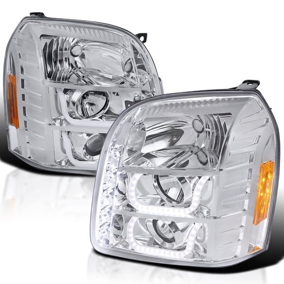 Spec-D Tuning Halo LED Chrome Projector Headlights Compatible with 2007-2014 GMC Yukon, 2007-2014 GMC Yukon XL 1500 2500, Left + Right Pair Headlamps Assembly