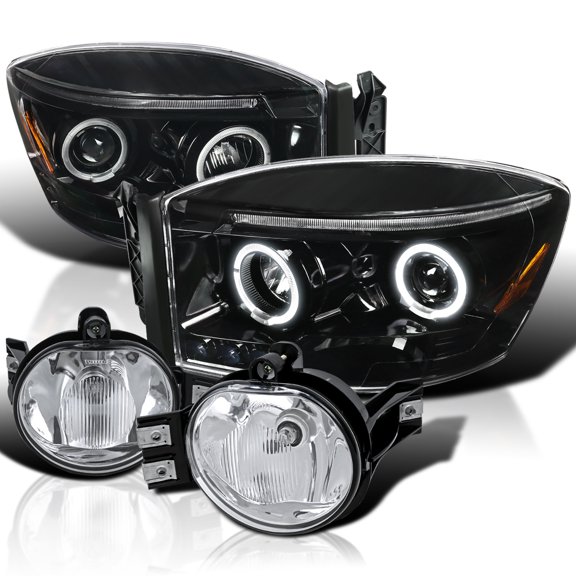 Spec-D Tuning Halo LED Chrome Projector Headlights + Corner Bumper Grille Compatible with Dodge Ram Pickup Left + Right Pair Headlamps Assembly