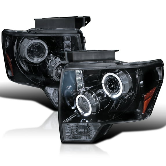 Spec-D Tuning Halo LED Glossy Black Housing Smoke Lens Projector Headlights Compatible with 2009-2014 Ford F-150, Left + Right Pair Headlamps Assembly