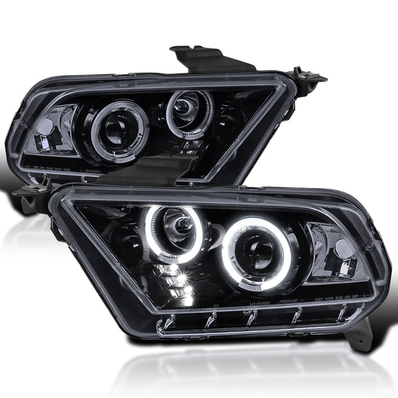 Spec-D Tuning Halo LED Glossy Black Housing Smoke Lens Projector Headlights Compatible with 2010-2014 Ford Mustang, Left + Right Pair Headlamps Assembly