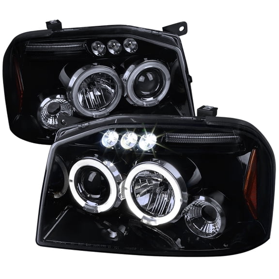 Spec-D Tuning Halo LED Glossy Black Smoke Projector Headlights Compatible with 2001-2004 Nissan Frontier, Left + Right Pair Headlamps Assembly