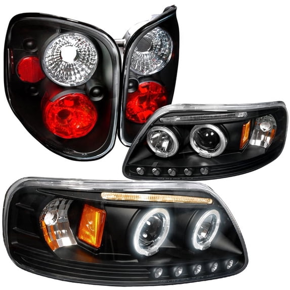 Spec-D Tuning Halo Projector LED Headlight Black + Clear Lens Tail Lamp 4Pc Compatible with 1997-2000 Ford F150 Left + Right Pair Headlamps Assembly