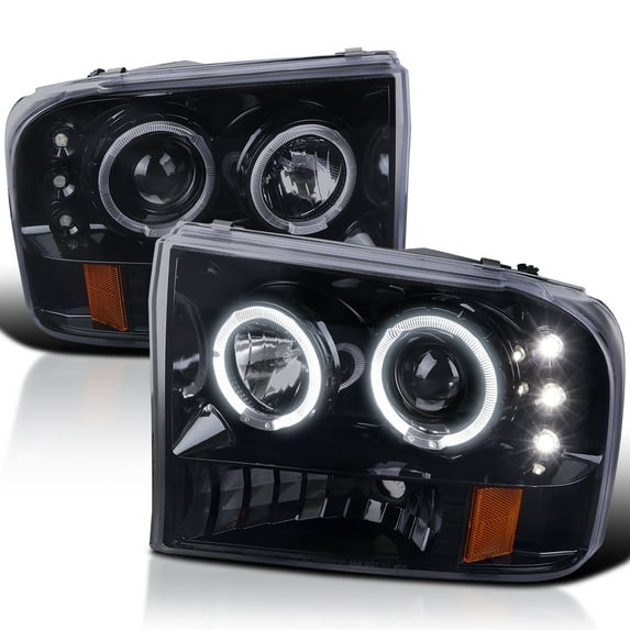Spec-D Tuning Halo Rim LED Glossy Black Housing Smoke Lens Projector Headlights Compatible with 1999-2004 Ford F-250/F-350/F-450/F-550 Super Duty, Left + Right Pair Headlamps Assembly