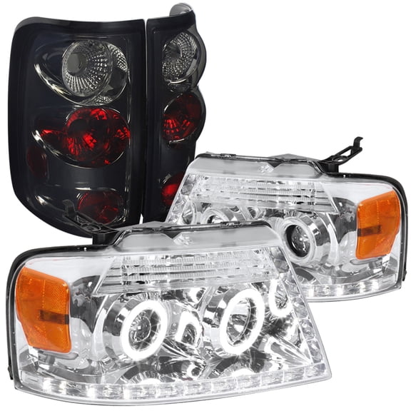 Spec-D Tuning Halo Rim LED Glossy Black Projector Headlights + LED Bumper Fog Compatible with Ford F150 Left + Right Pair Headlamps Assembly