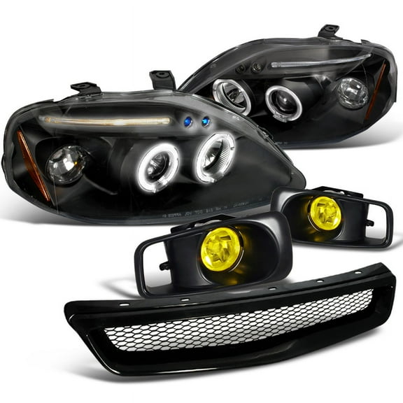 Spec-D Tuning Head Light + Yellow Fog + Mesh Grille Abs Compatible with 1999-2000 Honda Civic Left + Right Pair Headlamps Assembly