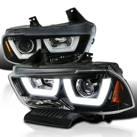 Spec-D Tuning Jet Black Dual LED Tube Projector Headlights Compatible with 2011-2014 Dodge Charger, Left + Right Pair Headlamps Assembly