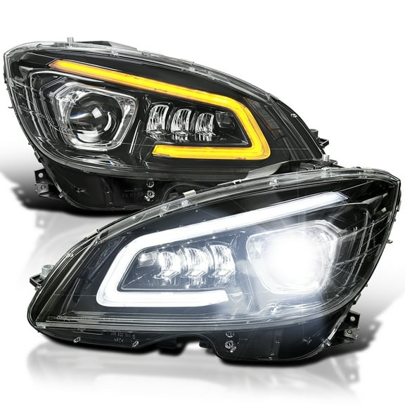 Spec-D Tuning Jet Black Full LED Projector Headlights w/ Sequential Turn Signal Compatible with 2008-2011 Mercedes Benz W204 C-Class, Left + Right Pair Headlamps Assembly