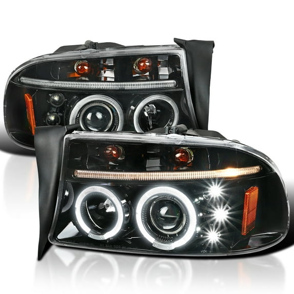 Spec-D Tuning Jet Black LED Dual Halo Projector Headlights Compatible with 1997-2004 Dodge Dakota, 1998-2003 Dodge Durango, Left + Right Pair Headlamps Assembly