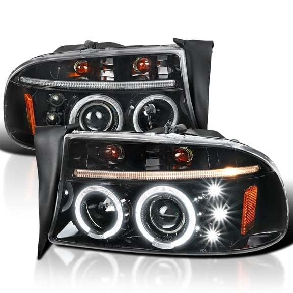 Spec-D Tuning Jet Black LED Dual Halo Projector Headlights Compatible with 1997-2004 Dodge Dakota, 1998-2003 Dodge Durango, Left + Right Pair Headlamps Assembly