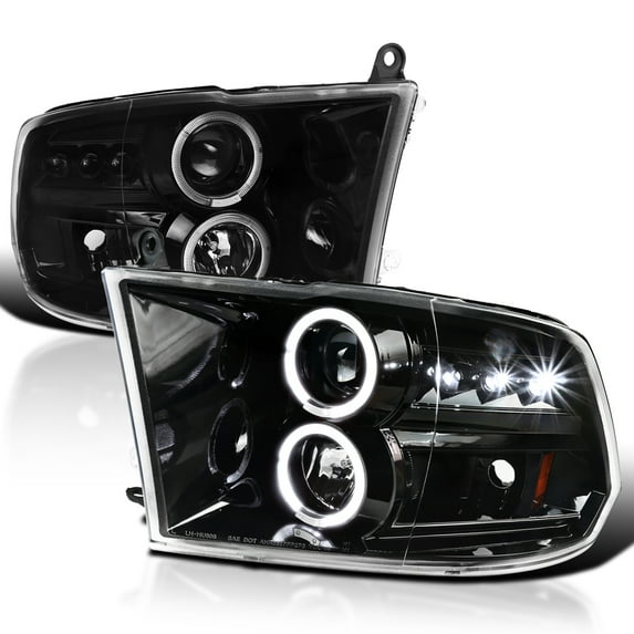 Spec-D Tuning Jet Black LED Dual Halo Projector Headlights Compatible with 2009-2018 Dodge Ram 1500, 2010-2018 Dodge Ram 2500/3500, Left + Right Pair Headlamps Assembly