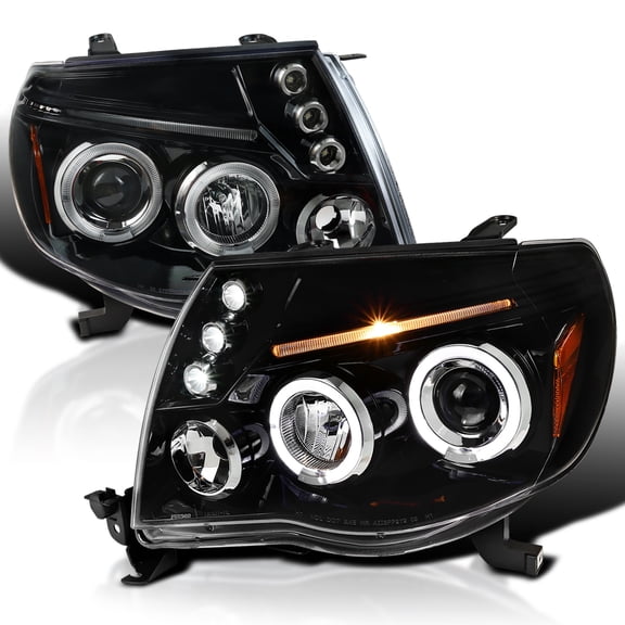 Spec-D Tuning Jet Black LED Dual Halo Projector Headlights Compatible with 2005-2011 Toyota Tacoma, Left + Right Pair Headlamps Assembly