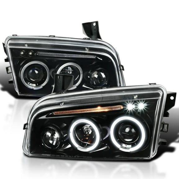 Spec-D Tuning Jet Black LED Dual Halo Projector Headlights Compatible with 2006-2010 Dodge Charger, Left + Right Pair Headlamps Assembly