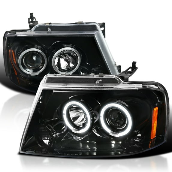 Spec-D Tuning Jet Black LED Halo Projector Headlights Compatible with 2004-2008 Ford F150, 2006-2008 Lincoln Mark LT, Left + Right Pair Headlamps Assembly