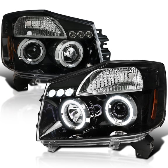 Spec-D Tuning Jet Black LED Halo Projector Headlights Compatible with 2004-2015 Nissan Titan, 2004-2007 Nissan Armada, Left + Right Pair Headlamps Assembly