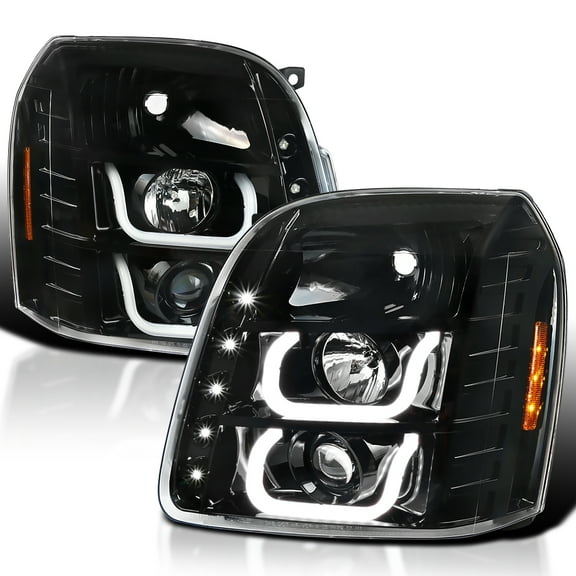 Spec-D Tuning Jet Black LED Halo Projector Headlights Compatible with 2007-2014 GMC Yukon, 2007-2014 GMC Yukon XL 1500, 2007-2014 GMC Yukon XL 2500, Left + Right Pair Headlamps Assembly