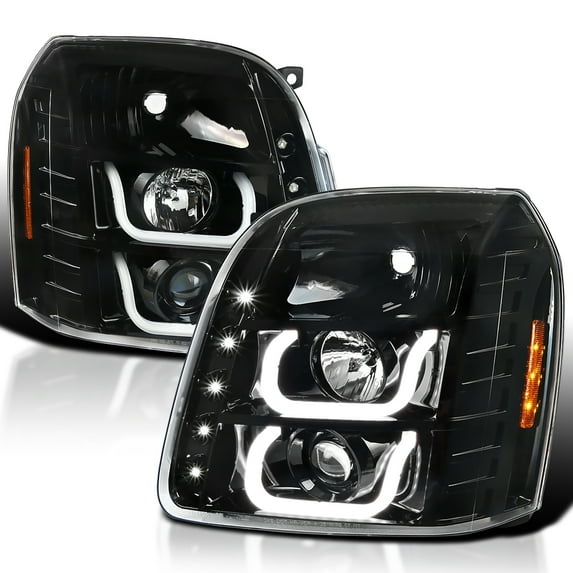 Spec-D Tuning Jet Black LED Halo Projector Headlights Compatible with 2007-2014 GMC Yukon, 2007-2014 GMC Yukon XL 1500, 2007-2014 GMC Yukon XL 2500, Left + Right Pair Headlamps Assembly