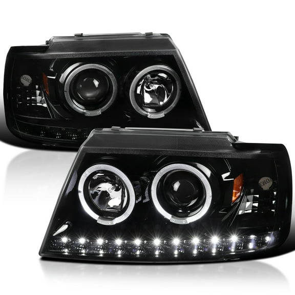 Spec-D Tuning Jet Black LED Halo Projector Headlights Compatible with 2002-2005 Ford Explorer, Left + Right Pair Headlamps Assembly